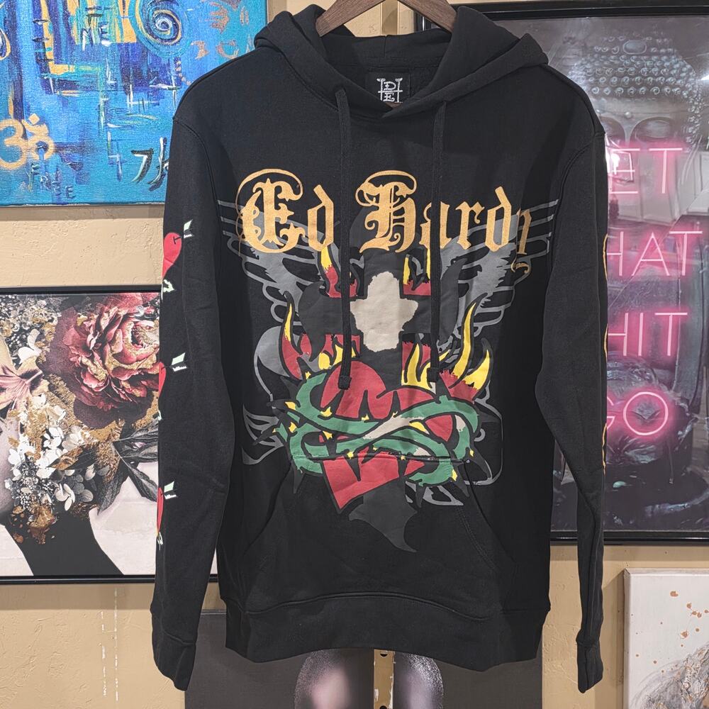 NWT Ed Hardy Y2K Style Deadstock Grunge Angel Wings Black Hoodie Oversized S